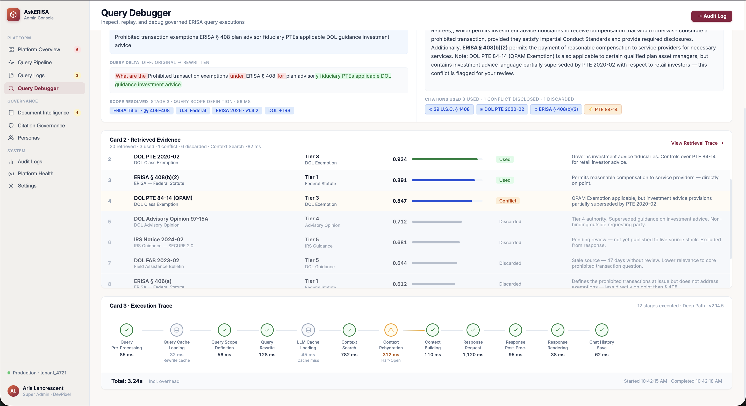 Query debugger: ranked evidence marked used, conflicting or discarded, with the execution trace